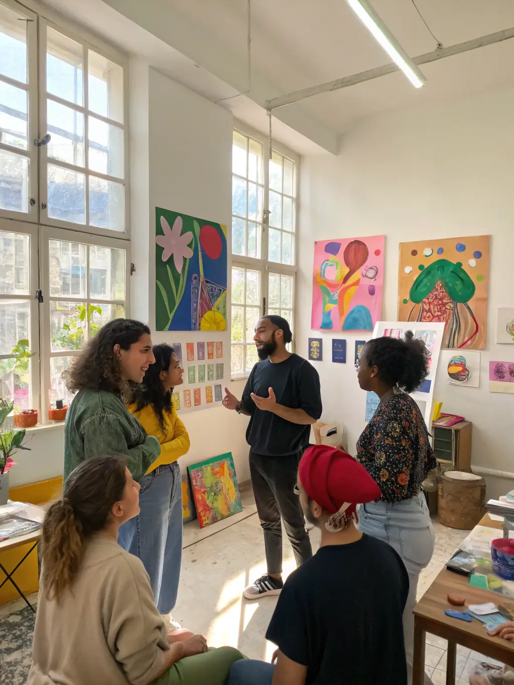 A vibrant photograph capturing artists actively engaged in a collaborative workshop at SHAKERS LIEUX D’EFFERVESCENCE, showcasing the dynamic interaction and creative energy within the collective.